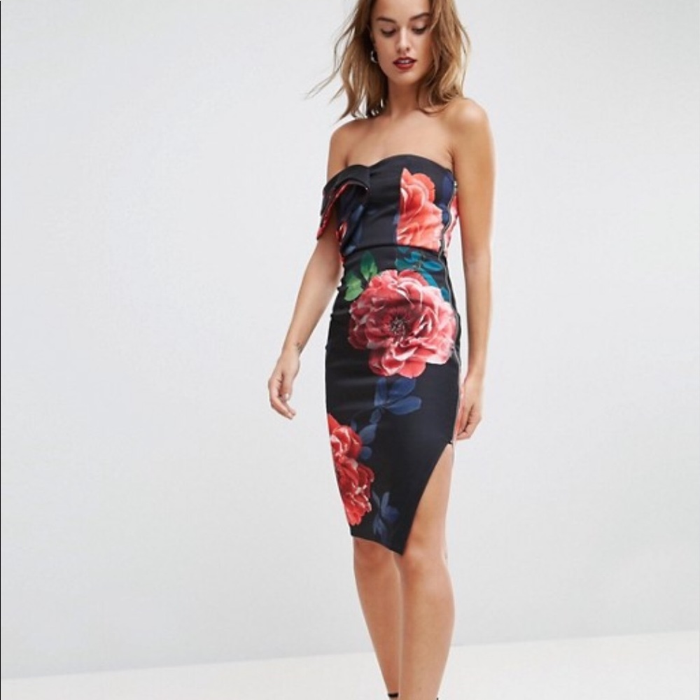 ASOS One shoulder folded floral midi dress.